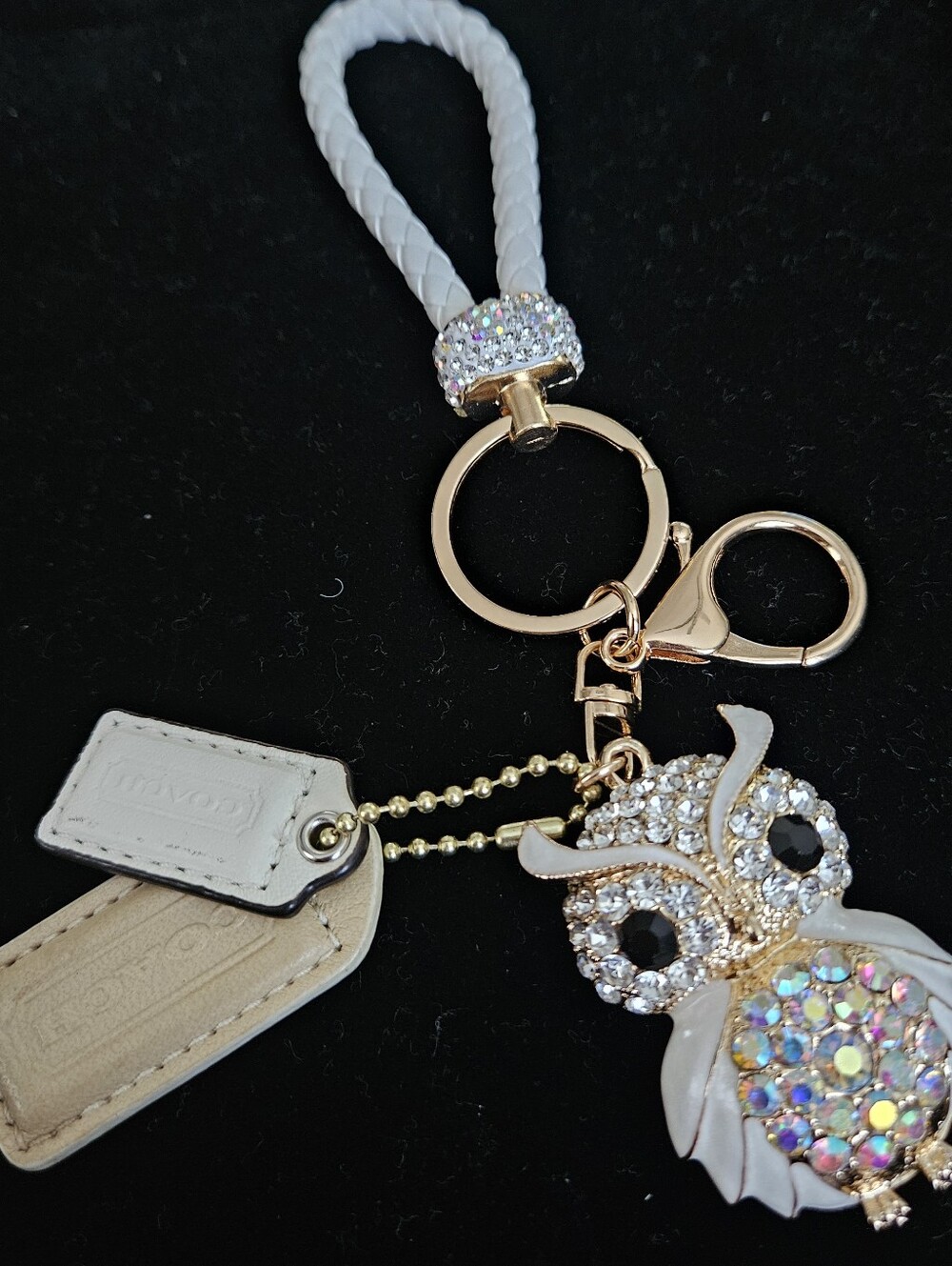 2 Authentic Coach Tags With New Crystal Owl Keychain Bag Charm with Braided Loop